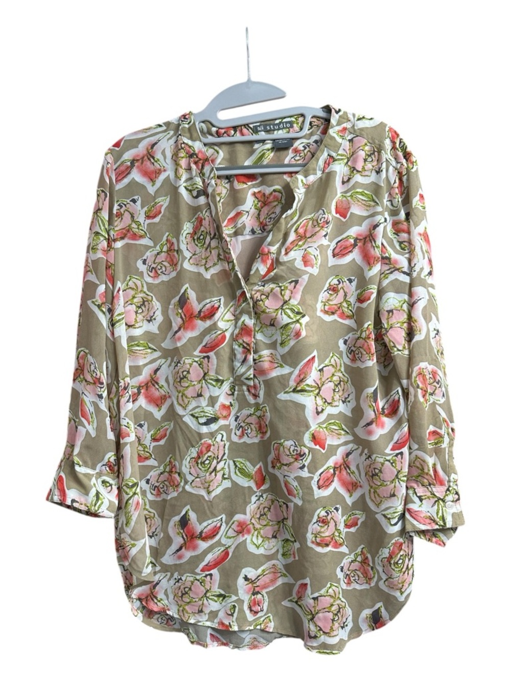 s/i Studio Floral Split-Neck Blouse - Pink Floral on Tan